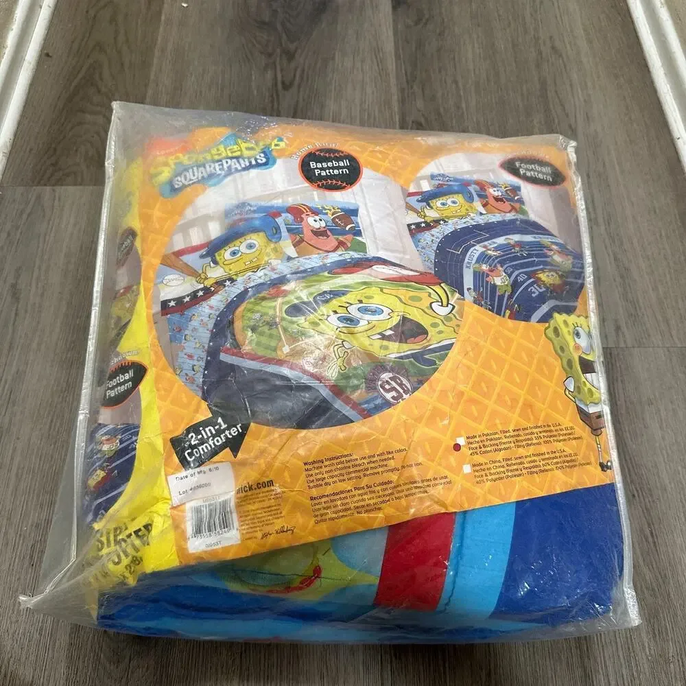 VTG 2008 Spongebob‎ Squarepants Comforter TWIN Football Baseball Pattern Reverse